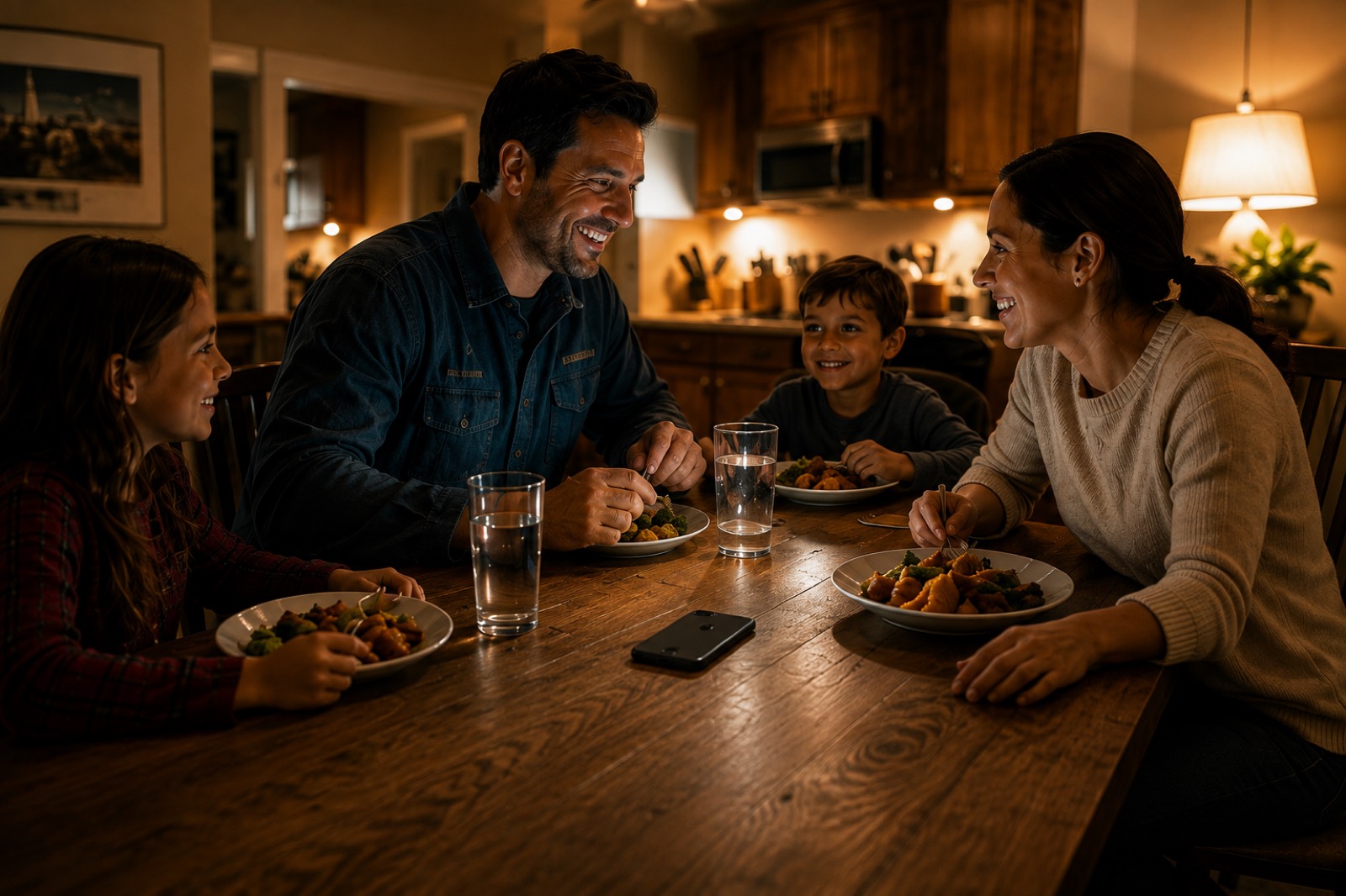 The same family dinner, now calm — the phone sits dark and unbothered on the table