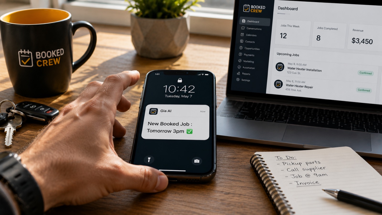 A phone on a desk showing a calm text notification about a job that was just booked