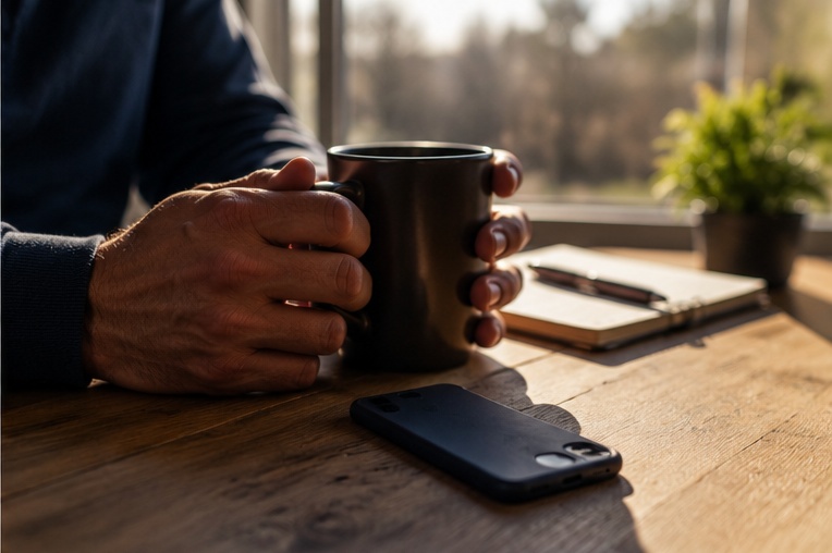 Tradesman's morning coffee going cold beside his phone after an early customer call
