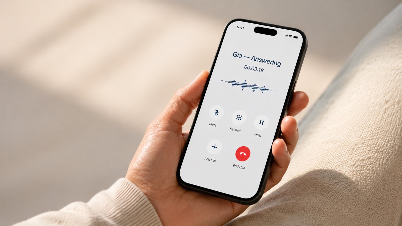 A phone being calmly answered in the evening — an incoming call picked up on the second ring