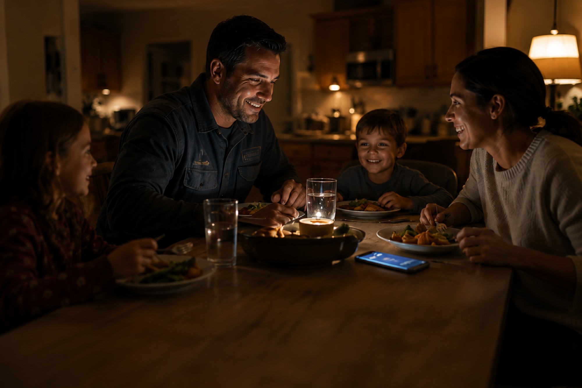 Plumber at family dinner interrupted by an after-hours service call lighting up his phone