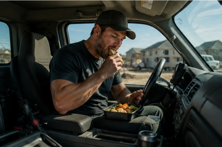 Plumber eating lunch in his work truck while answering a customer call one-handed